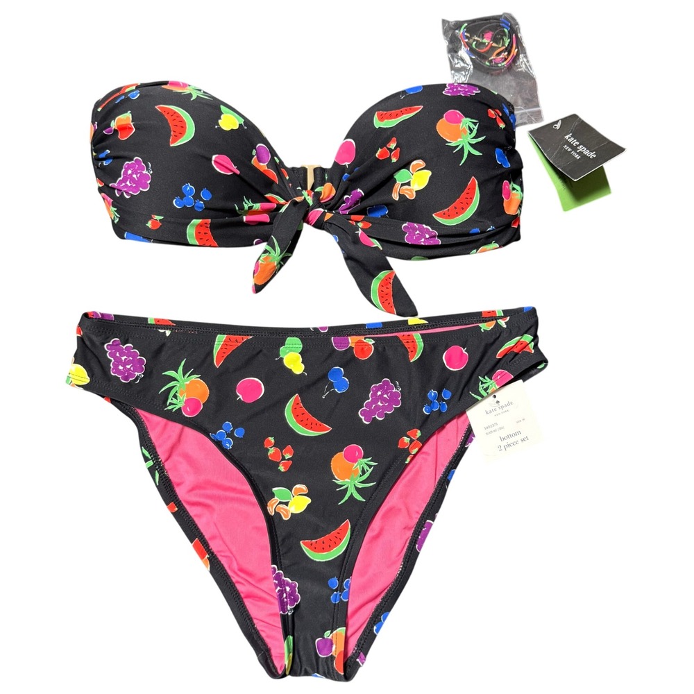Kate Spade Bikini Set Womens M Black Fruit Print Bandeau Retro Summer Beachwear